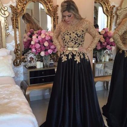 Long Sleeves Black Satin Prom Dress With Gold Appliques on Luulla