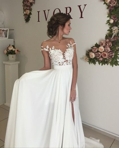 Sheer Bodice Boho Wedding Dress With Side Slit on Luulla
