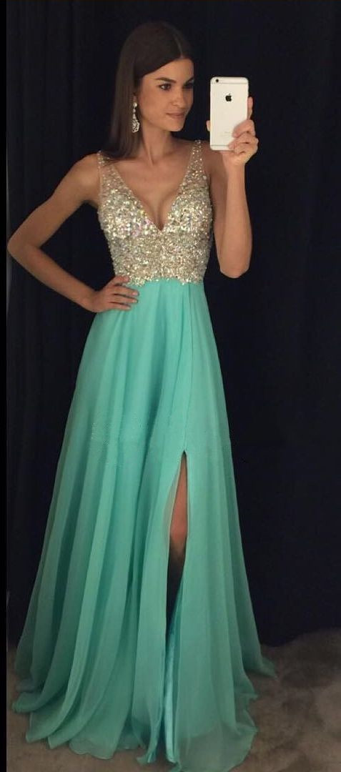 Long Jeweled Prom Dress With Side Slit on Luulla