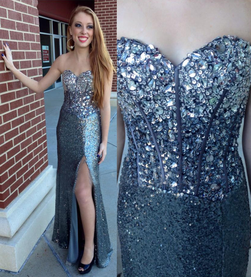 Sleeveless Corset Gray Sequin Prom Dress With Side Slit on Luulla