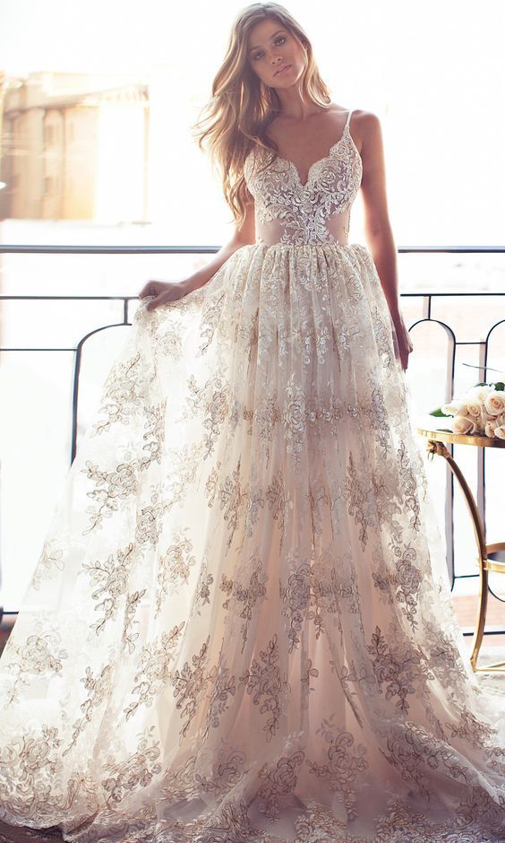 blush lace wedding gown