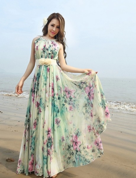 Summer Chiffon Boho Beach Maxi Dress With Removable Flower Sash on Luulla