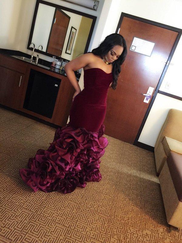 Charming Burgundy Velvet Mermaid Prom Dress Y6602