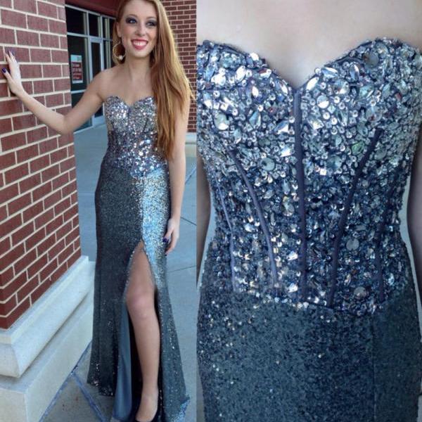 Sleeveless Corset Gray Sequin Prom Dress With Side Slit on Luulla