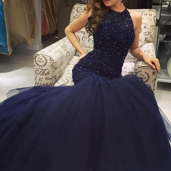 Halter Beaded Navy Mermaid Prom Dress With Keyhole Back On Luulla 