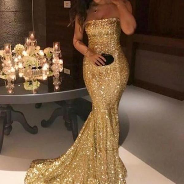 Sparkly Gold  Strapless Sheath Sequined  Long Prom Dress With Embroidery