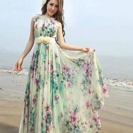 Summer Chiffon Boho Beach Maxi Dress With Removable Flower Sash on Luulla