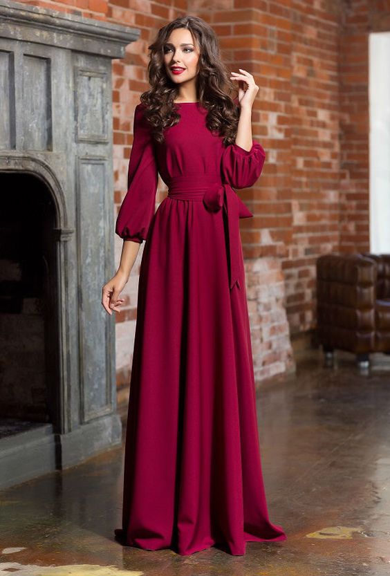 3/4 Sleeves Long Spring Autumn Maxi Dress With Removable Belt on Luulla