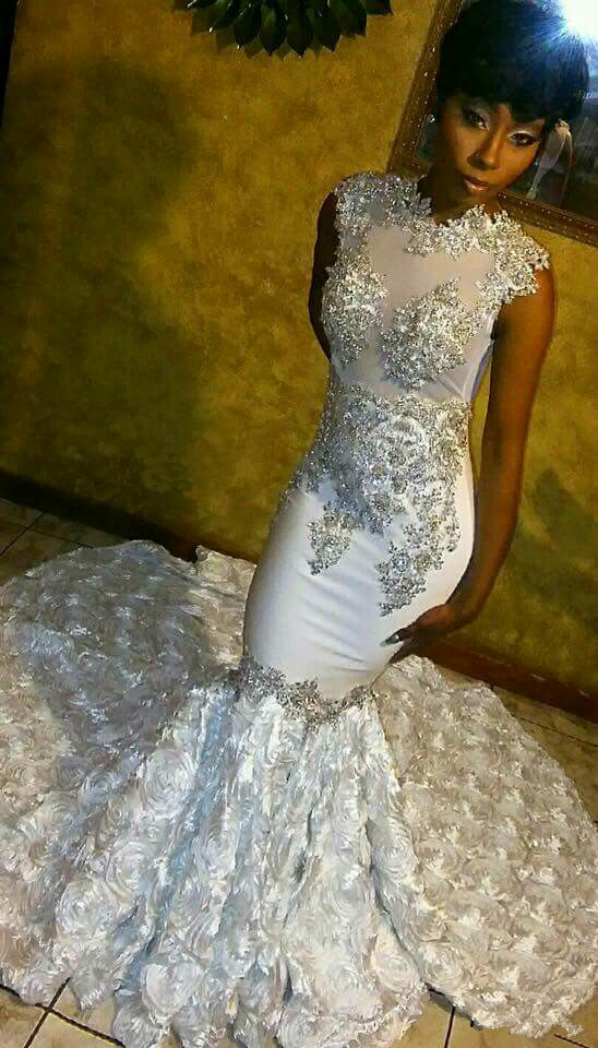 Sheer Jewel Neckline Mermaid Prom Dress With Appliques 3D Floral Train ...